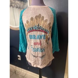 Southern Grace "Brave and Fearless" Graphic Baseball Tee Turquoise Lace XL
